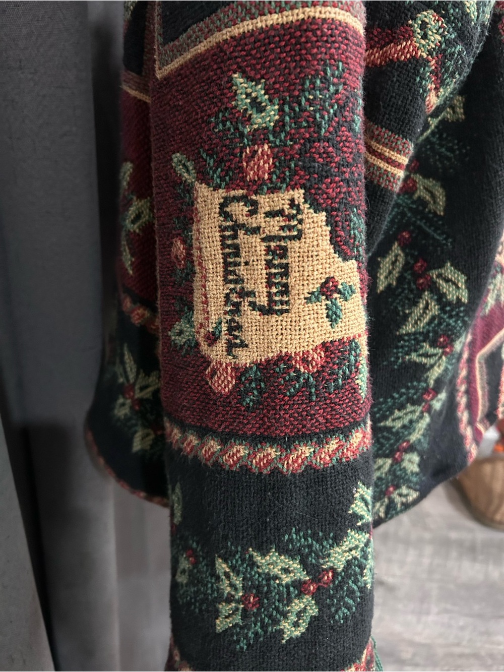 Fringed Tapestry Upcycled Sweater - Burgundy Floral - Picture 4 of 16